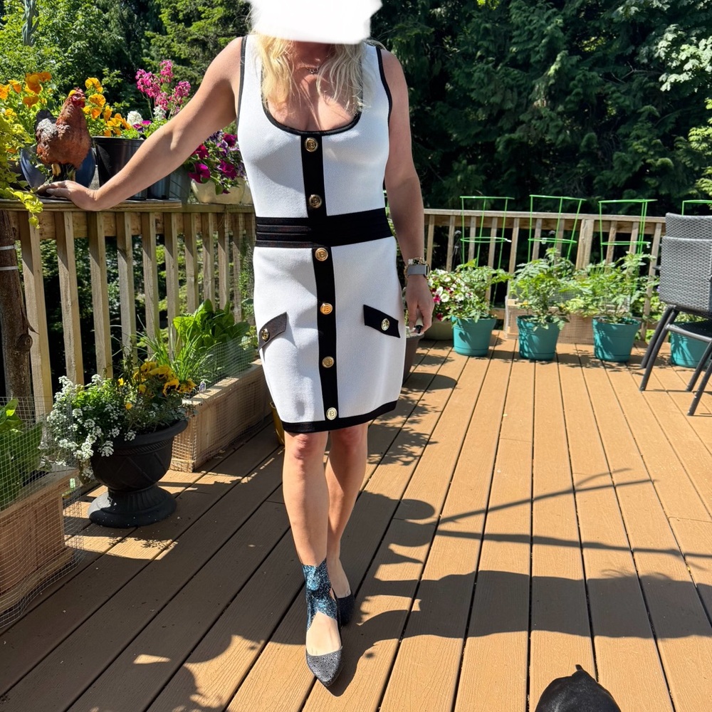 Balmain White and Black Mini Dress with Gold Buttons